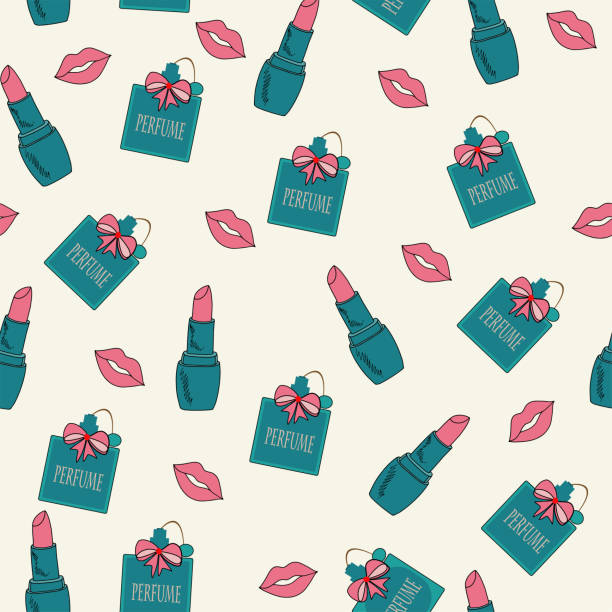 vector seamless pattern with bright juicy lips pink with perfume with bow vector seamless pattern with bright juicy lips pink with perfume with bow and lipstick turquoise blue for printing and textile on white background paris red lips stock illustrations
