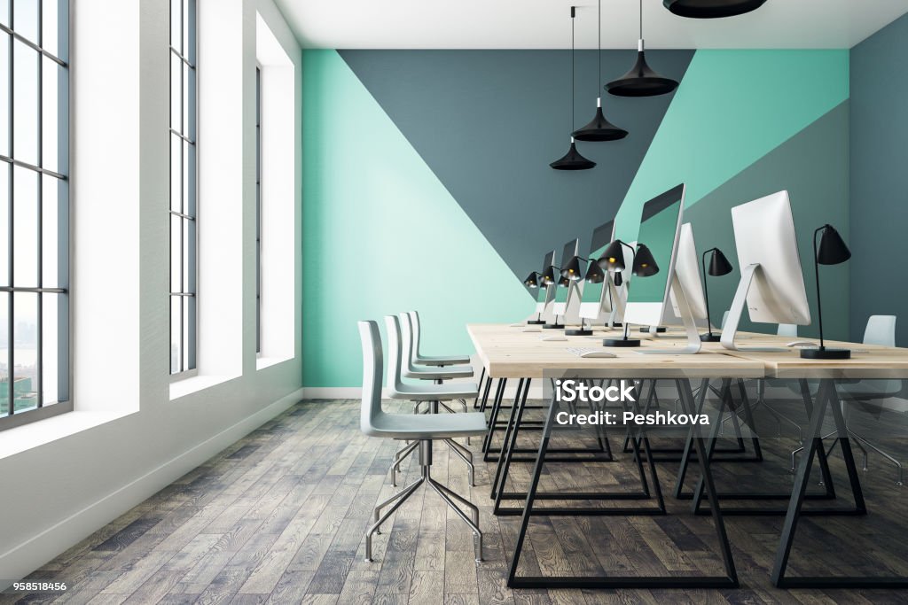 Modern coworking office interior Modern coworking office with furniture, equipment and window with city view and daylight. 3D Rendering Coworking Stock Photo