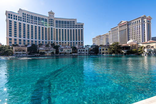 Las Vegas, US - April 27, 2018: The famous Belagio fountains and hotel in Las Vegas as seen on a sunny day