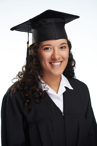 Cheerful graduated student girl portrait isolated on white background