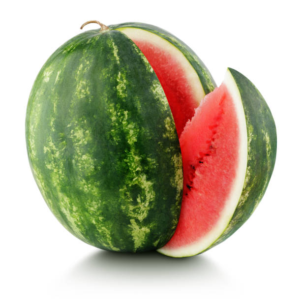 istock Ripe watermelon with cut slice isolated on white 958526350