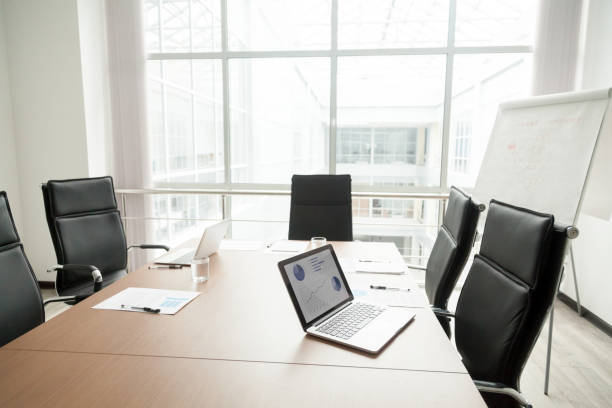 istock Modern office boardroom interior with conference table and big window 958531254