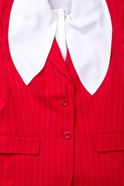 Close up feminine red blazer. Detail of women red striped jacket and collar of white blouse. Female elegant suit.