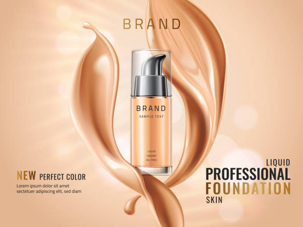 istock Luxury liquid foundation ads. Glass transparent bottle with liquid creamy texture isolated on glitter bokeh background. Elegant splash of tonal fluid. Vector 3d illustration 958543022
