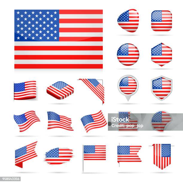 United States Flag Icon Glossy Vector Set Stock Illustration - Download Image Now - American Flag, USA, Map Pin Icon