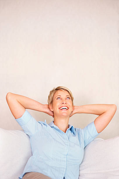 istock Relaxed mature woman smiling to copyspace 95854567
