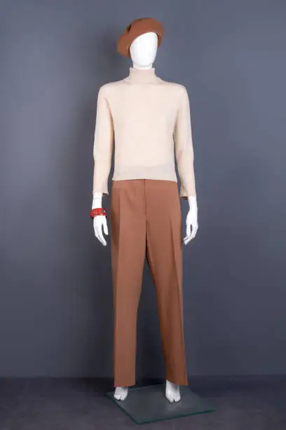 Photo of Mannequin dressed in turtleneck sweater and trousers.