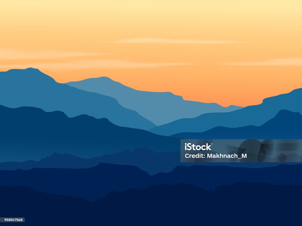 Twilight in blue mountains Vector landscape with blue silhouettes of mountains and hills with beautiful orange evening sky. Huge mountain range silhouettes in twilight. Vector hand drawn illustration. Mountain stock vector