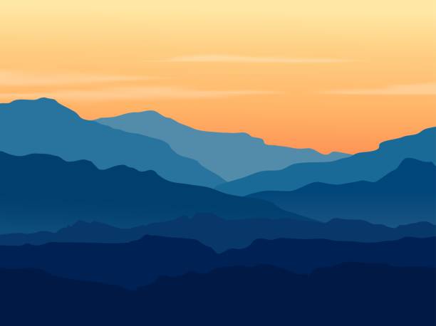 Twilight in blue mountains Vector landscape with blue silhouettes of mountains and hills with beautiful orange evening sky. Huge mountain range silhouettes in twilight. Vector hand drawn illustration. horizon illustrations stock illustrations
