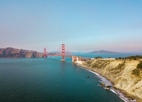 Aerial view of Golden Gate bridge from Marshall's beach in San Francisco