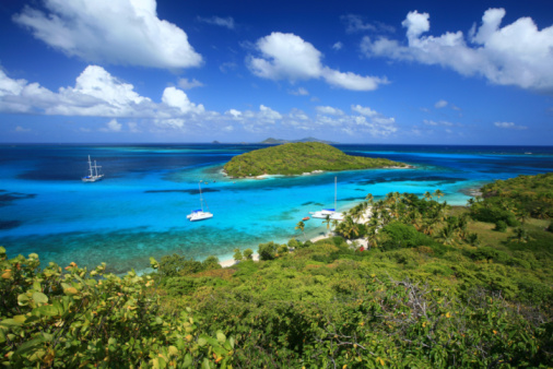 Beautiful turquoise waters of the Caribbean viewed from atop Tobago Cays.