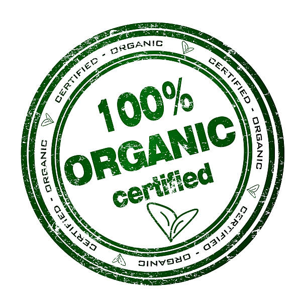 istock Round green stamp certificate for 100% organic products 95855056