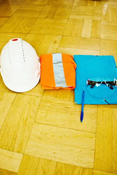 Photo of Hardhat, Reflex Jacket, File, Protective Glasses and Pen