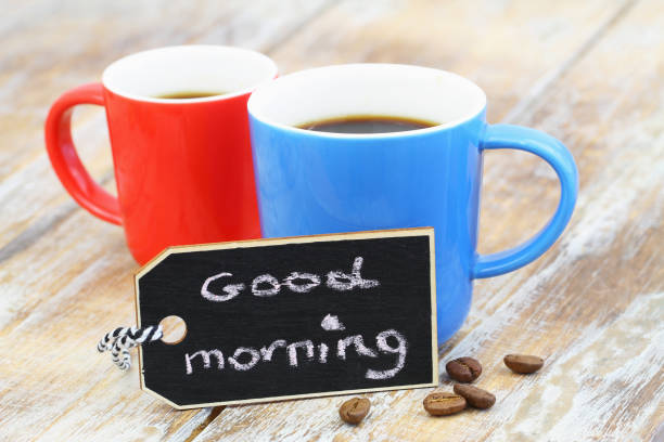 istock Good morning card with colorful mugs with coffee 958555948