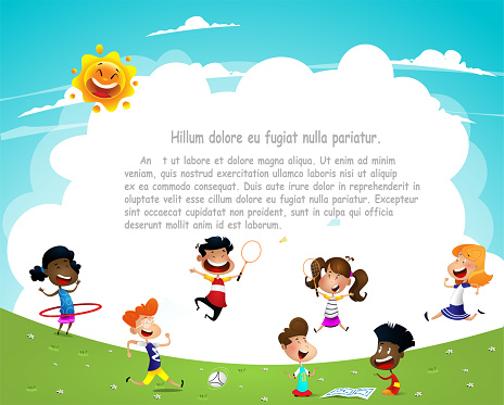 Playground. Multiracial children children having fun. Template for advertising brochure. Ready for your message. Vector cartoon illustration