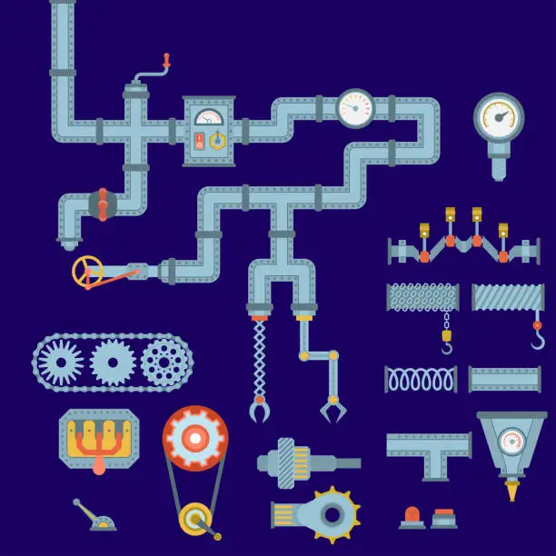 Vector illustration of Machine parts different mechanism vector mechanical manufacturing work detail design gear equipment industry technical machining engine illustration