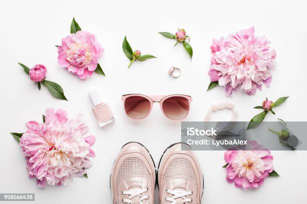 Flat Lay Pink Feminine Accessories And Peony Flowers On White Stock Photo - Download Image Now