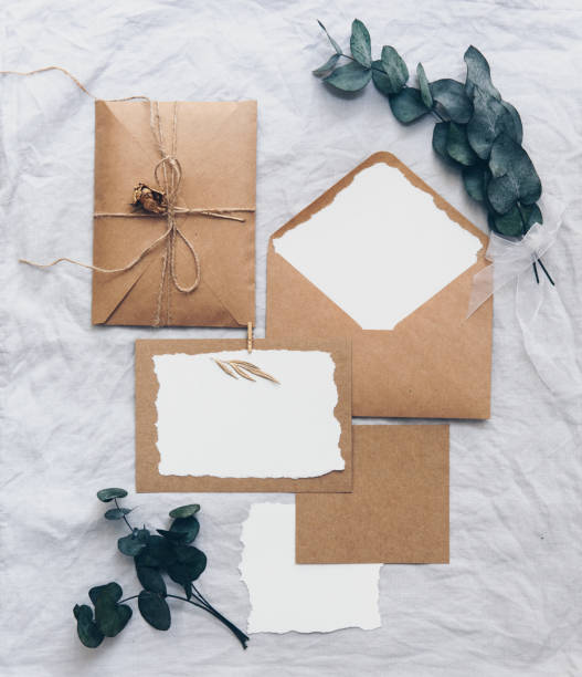 istock Flat lay creative wedding invitation set with eucalyptus branch  on linen background 958569122