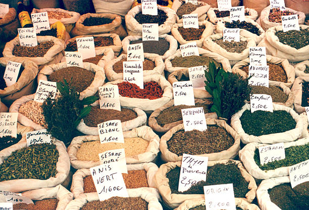 Variety of spices at marketplace stock photo
