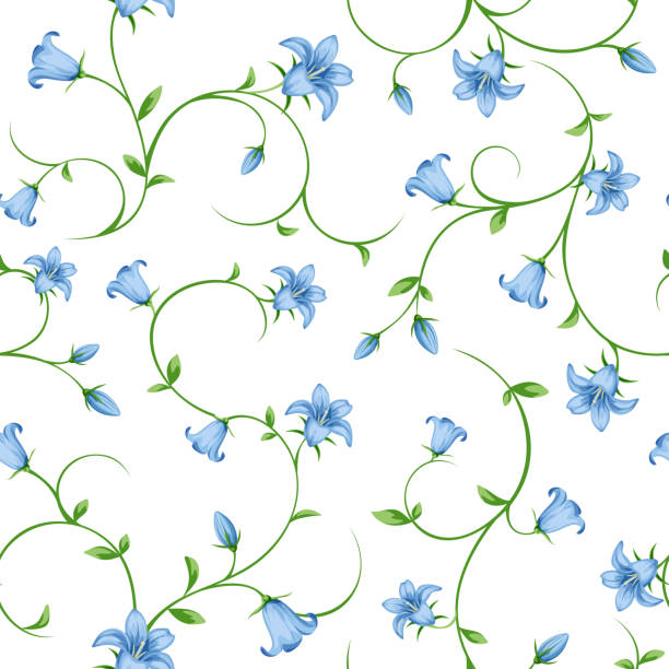 ilustraciones, imágenes clip art, dibujos animados e iconos de stock de patrón floral transparente con flores bluebell. ilustración de vector. - campánula