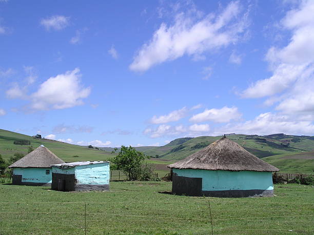 Two green native huts in South Africa stock photo