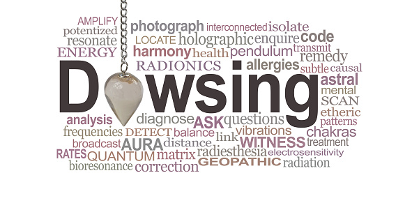a smokey quartz crystal pendulum making the O of DOWSING surrounded by a relevant word cloud on a white background