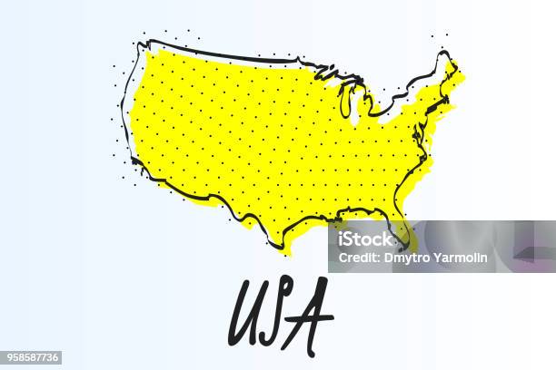 미국 하프톤 추상 배경의 지도입니다 그려진된 경계선 및 노란 색상 미국에 대한 스톡 벡터 아트 및 기타 이미지 - 미국, 지도, 추상적인