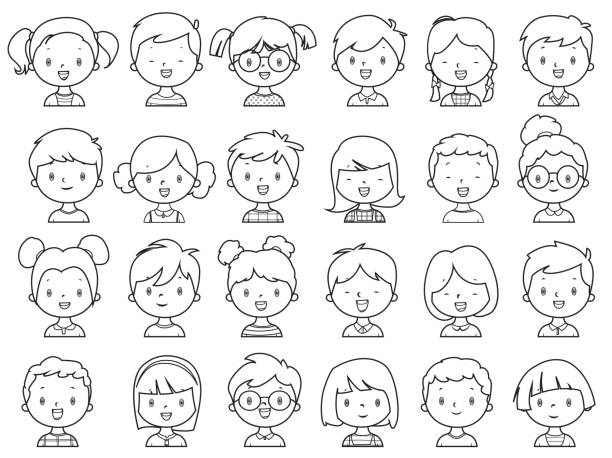 ilustrações de stock, clip art, desenhos animados e ícones de coloring book, little girls and boys face - little boys cartoon child drawing