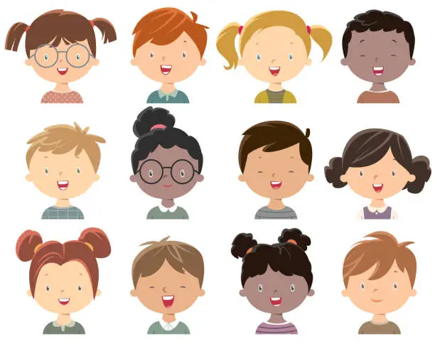 Vector illustration of little girls and boys face