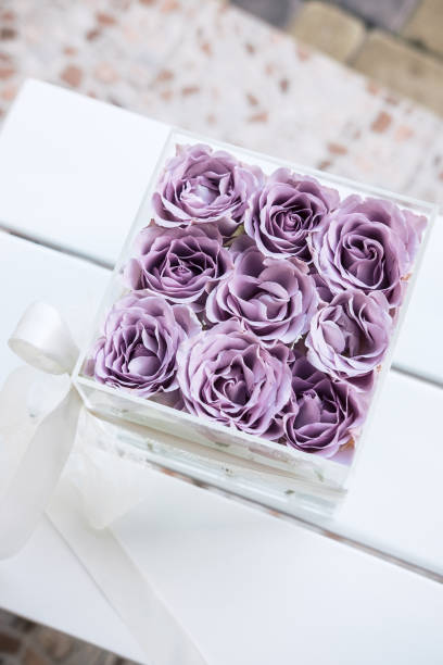 istock Pastel purple roses in clear acrylic box 958608280