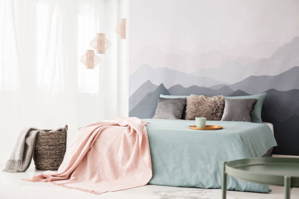 istock Pastel bedroom interior with mountain 958609006