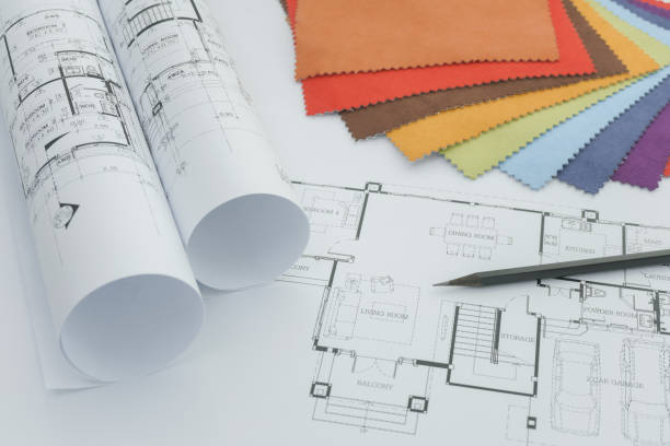 istock Interior drawing with sample of fabric and paper roll 958616068