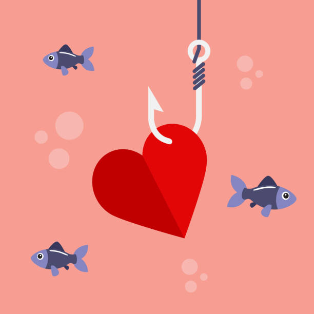 Heart on fishing hook Red heart on fishing hook and fishes swimming. Love, flirtation or pickup concept. Vector illustration hoax stock illustrations