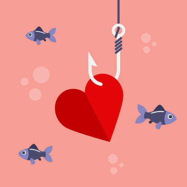 Heart on fishing hook Red heart on fishing hook and fishes swimming. Love, flirtation or pickup concept. Vector illustration pics of a bewitched stock illustrations