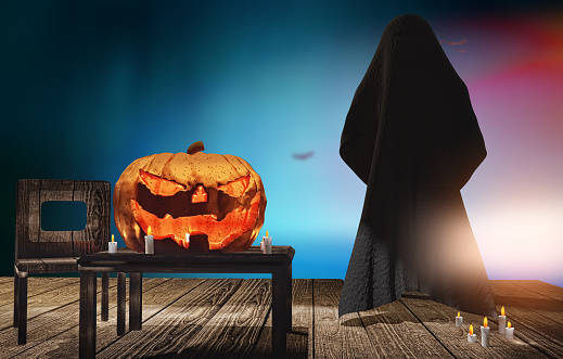 Calabaza de Halloween y el fantasma demonio oscuro en tablones de madera 3d renderizado photo