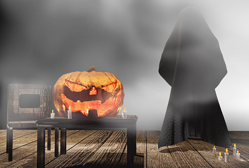 Luces de velas de calabaza de Halloween en tablones de madera con niebla profunda representación 3d photo