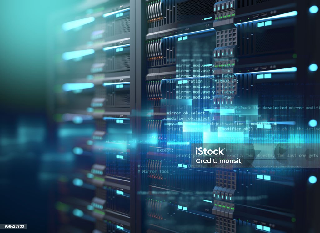Super-Computer-Server-Racks im Rechenzentrum. 3D illustration - Lizenzfrei Netzwerkserver Stock-Foto