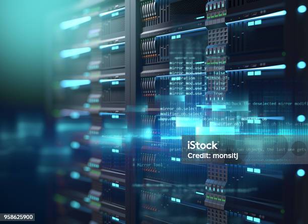 Super Computer Server Racks In Datacenter 3d Illustration Stock Photo - Download Image Now