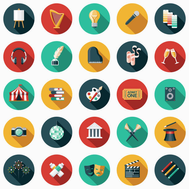 Fine Arts Flat Design Icon Set with Side Shadow A set of flat design styled fine arts icons with a long side shadow. Color swatches are global so it’s easy to edit and change the colors. music culture stock illustrations
