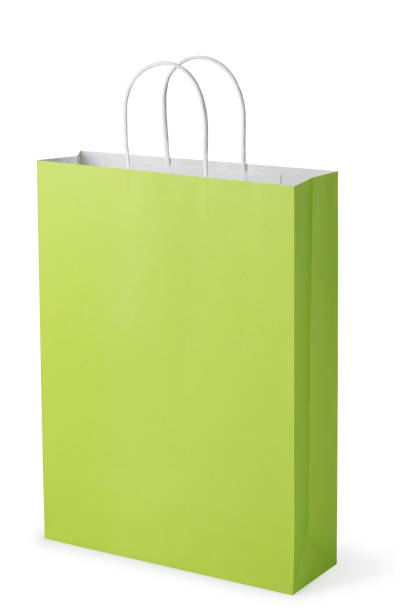 Green paper bag on white background.