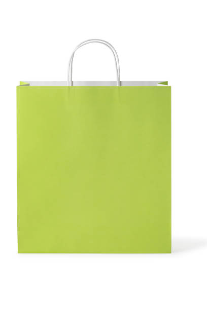 Green paper bag on white background.