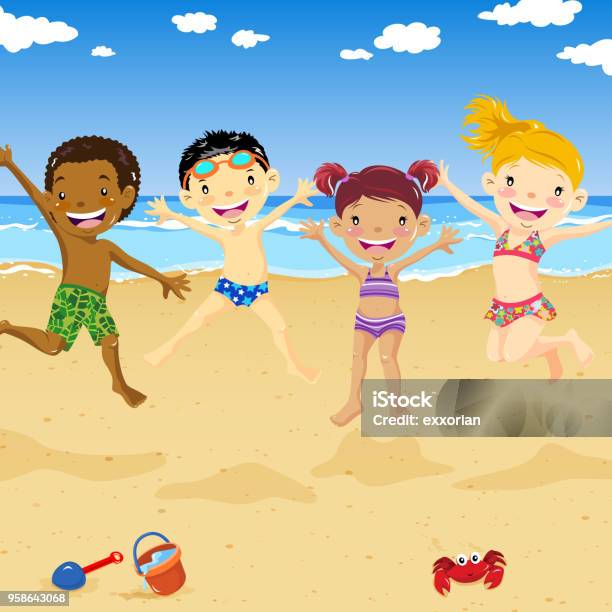 Children Jumping On The Sand Beach Stock Illustration - Download Image Now - Beach, Child, African Ethnicity
