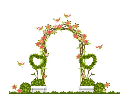 Wedding arch on a white background of plant elements and flowers, park beautiful figures of topiary for a wedding ceremony