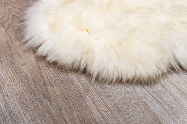 istock Decorative fur carpet on wood floor background 958646672
