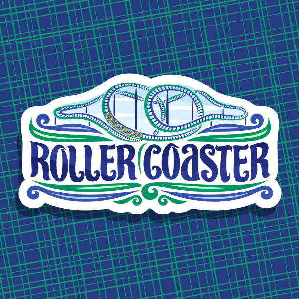 Vector label for Roller Coaster Vector label for Roller Coaster, cut paper sign with cartoon train go up in loop of twisted rollercoaster in amusement park, original brush typeface for words roller coaster on cloudy sky background. amusement park height sign stock illustrations