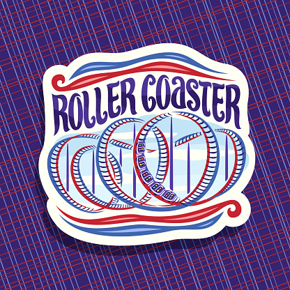 Vector label for Roller Coaster, cut paper sign with cartoon train go down in loop of twisted rollercoaster in amusement park, original brush typeface for words roller coaster on cloudy sky background