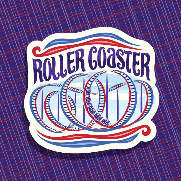 Vector label for Roller Coaster Vector label for Roller Coaster, cut paper sign with cartoon train go down in loop of twisted rollercoaster in amusement park, original brush typeface for words roller coaster on cloudy sky background amusement park height sign stock illustrations