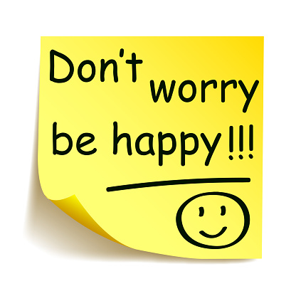 Yellow sticker with black postit „Don't worry be happy!!!“, note hand written - stock vector