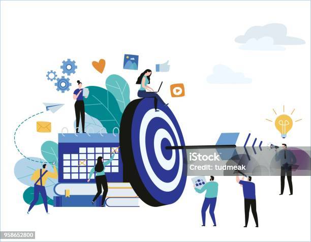 Target With Arrow Vector Illustration Banner Goal Achievement Business Teamwork Marketing Concept Flat Cartoon Character Design For Web Mobile Stock Illustration - Download Image Now