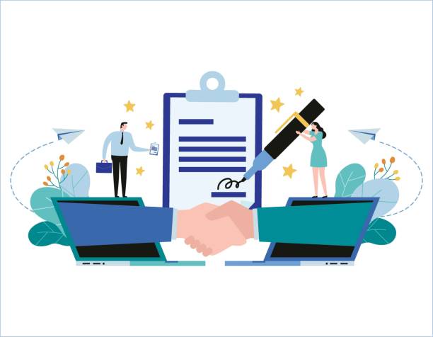 ilustrações de stock, clip art, desenhos animados e ícones de hand shake and contract business vector illustration banner. partnership concept, businessman woman flat cartoon design for web mobile - win win